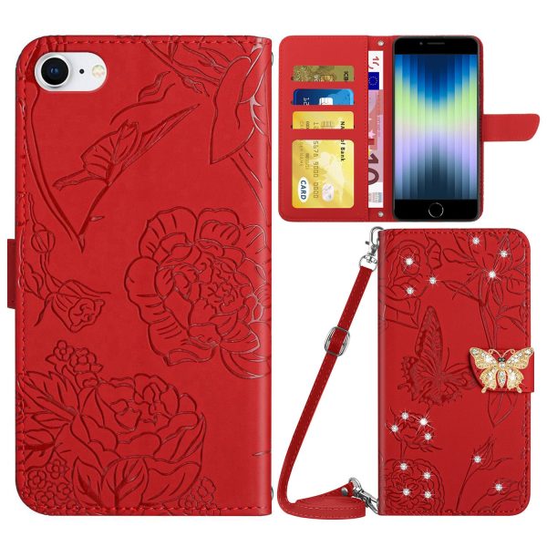 For iPhone 7   8   SE (2020)   SE (2022) Phone Cover, Butterfly Flowers Imprinted Rhinestone Decor Wallet Stand Full Coverage Leather Case with Shoulder Strap Sale