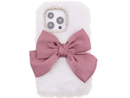 Cute 3D Bowknot Fuzzy Furry Warm Plush Fluffy Fur Soft TPU Back Case with Bling Rhinestone for iPhone 13 Pro 6.1 inch Supply