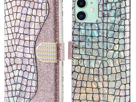 Well-protected Crocodile Texture Glittery Powder Splicing Leather Wallet Case for iPhone 13 mini 5.4 inch on Sale