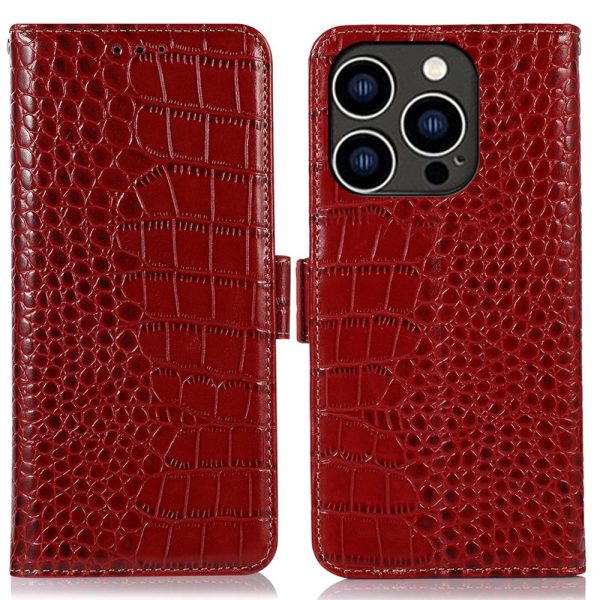 Crocodile Texture Phone Case for iPhone 14 Pro 6.1 inch, Genuine Cowhide Leather Magnetic Clasp RFID Blocking Shell with Stand Wallet Supply