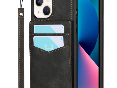 Vertical Flip Card Slots Design Wrist Strap Skin-Touch PU Leather Coated TPU Phone Case with Kickstand for iPhone 13 mini 5.4 inch Fashion