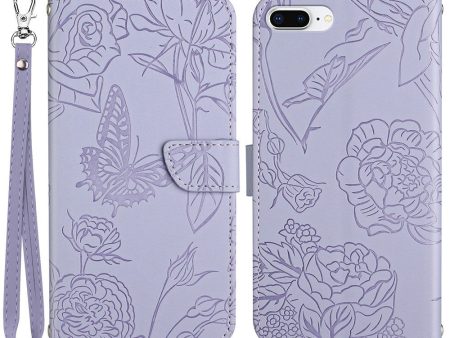 For iPhone 8 Plus 7 Plus 5.5 inch Skin-touch Feeling PU Leather Cell Phone Case Bag Butterfly Flower Pattern Imprinted Flip Wallet Phone Cover with Wrist Strap For Cheap