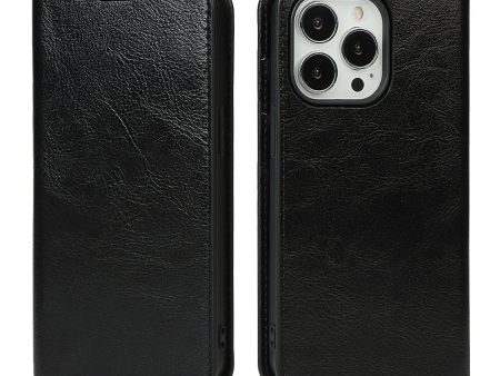 Crazy Horse Texture Genuine Leather Folio Flip Wallet Cover with Stand for iPhone 13 Pro 6.1 inch -Black on Sale