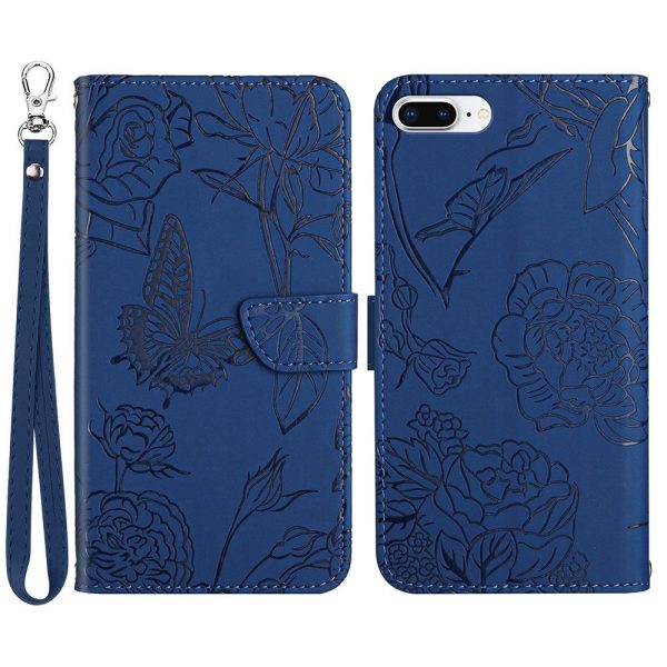 For iPhone 8 Plus 7 Plus 5.5 inch Skin-touch Feeling PU Leather Cell Phone Case Bag Butterfly Flower Pattern Imprinted Flip Wallet Phone Cover with Wrist Strap For Cheap