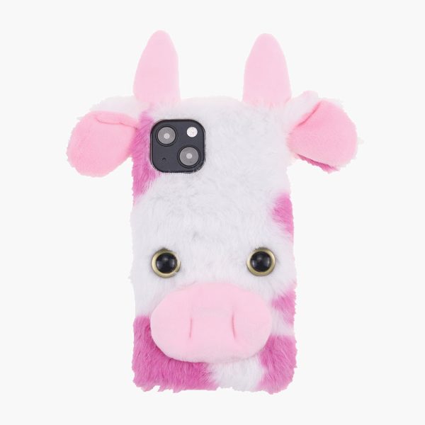 Cute 3D Cartoon Dairy Cattle Fluffy Hairy Cover Soft Furry TPU Protective Shell with Bling Rhinestone for iPhone 13 mini 5.4 inch on Sale