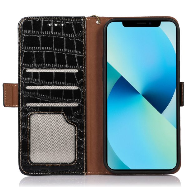 Crocodile Texture Phone Case for iPhone 14 Pro 6.1 inch, Genuine Cowhide Leather Magnetic Clasp RFID Blocking Shell with Stand Wallet Supply