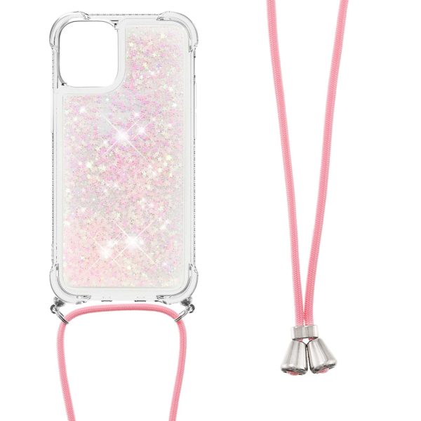 Anti-fall Quicksand Shiny Glitter Mobile Phone TPU Cover with Lanyard for iPhone 13 mini 5.4 inch Fashion