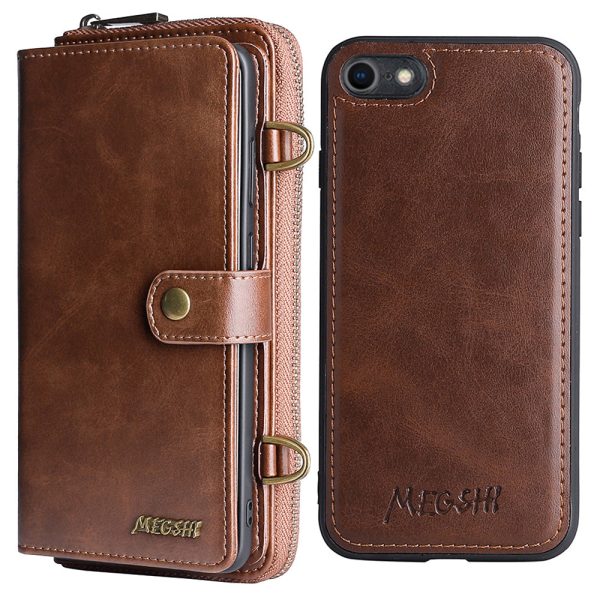 MEGSHI 020 Series Detachable 2-in-1 Scratch-resistant Magnetic Design Shockproof PU Leather and TPU Wallet Cover Shoulder Bag for iPhone SE (2022) SE (2020) 8 7 Online Hot Sale