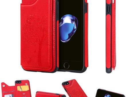 KT Leather Coated Series-1 Imprinted Cat Tree Leather Coated TPU Back Shell with Card Slot for iPhone SE (2020) SE (2022) 8 7 4.7 inch- Red on Sale