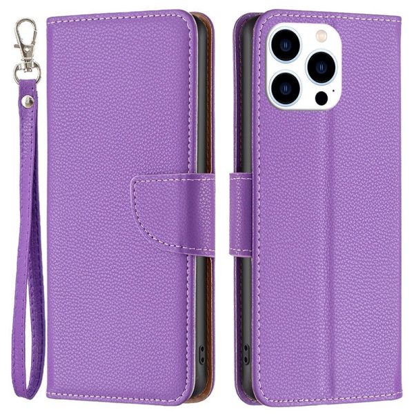 BF Leather Case Series-3 for iPhone 14 Pro 6.1 inch Wear-resistant Anti-fall Solid Color Litchi Texture PU Leather Full Covering Cellphone Case Stand Wallet with Strap Online