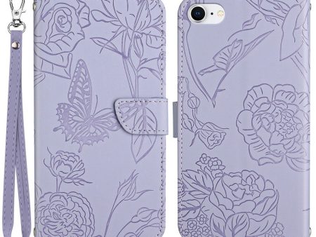 For iPhone SE (2022) SE (2020) 8 7 4.7 inch Leather Phone Cover Stand Skin-touch Feeling Butterfly Flower Pattern Imprinted Pattern Flip Wallet with Wrist Strap Online now