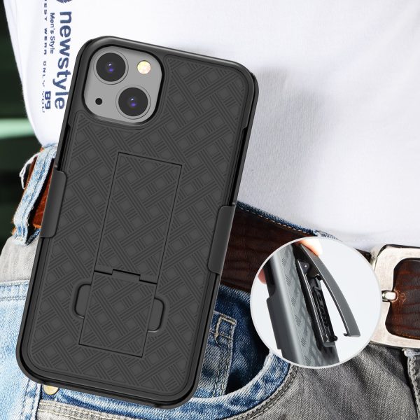 Anti-Drop Light Stylish Woven Texture Swivel Belt Clip Kickstand PC + TPU Hybrid Case for iPhone 13 mini 5.4 inch Online Hot Sale