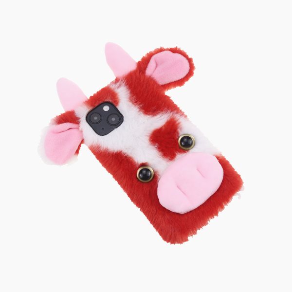 Cute 3D Cartoon Dairy Cattle Fluffy Hairy Cover Soft Furry TPU Protective Shell with Bling Rhinestone for iPhone 13 mini 5.4 inch on Sale