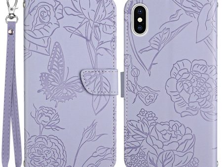 For iPhone XS X 5.8 inch Butterfly Flower Pattern Imprinted PU Leather Phone Case Folding Stand Skin-touch Feeling Anti-dust Wallet Phone Shell with Wrist Strap Online