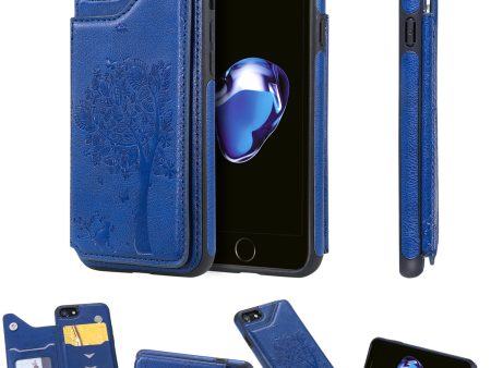 KT Leather Coated Series-1 Imprinted Cat Tree Leather Coated TPU Back Shell with Card Slot for iPhone SE (2020) SE (2022) 8 7 4.7 inch- Blue Supply