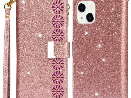 Glittery Starry Style Laser Carving Zipper Wallet Stand Leather Phone Case for iPhone 13 mini 5.4 inch For Cheap