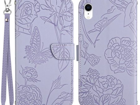 For iPhone XR 6.1 inch Skin-touch Feeling Leather Smartphone Case Butterfly Flower Pattern Imprinted Flip Wallet Phone Cover with Wrist Strap Fashion