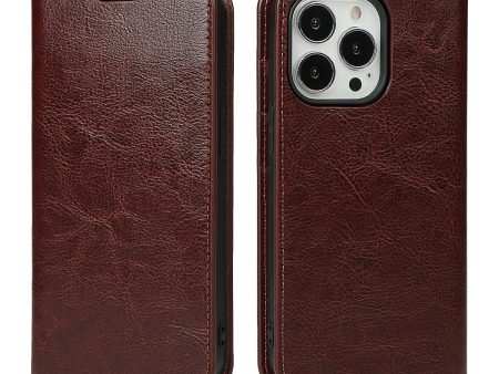 Crazy Horse Texture Genuine Leather Folio Flip Wallet Cover with Stand for iPhone 13 Pro 6.1 inch -Coffee For Sale