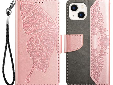 Wallet Phone Case for iPhone 13 mini 5.4 inch Scratch Resistant PU Leather Cover Butterfly Flower Imprinted Phone Protector with Stand Fashion