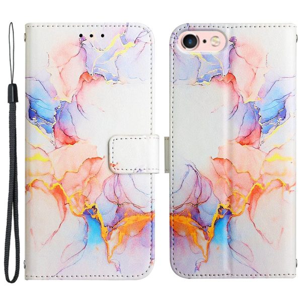 YB Pattern Printing Series-5 for iPhone SE (2022) SE (2020) 8 7 4.7 inch Marble Pattern Wallet Cover PU Leather Stand Function Protective Phone Case with Strap For Discount