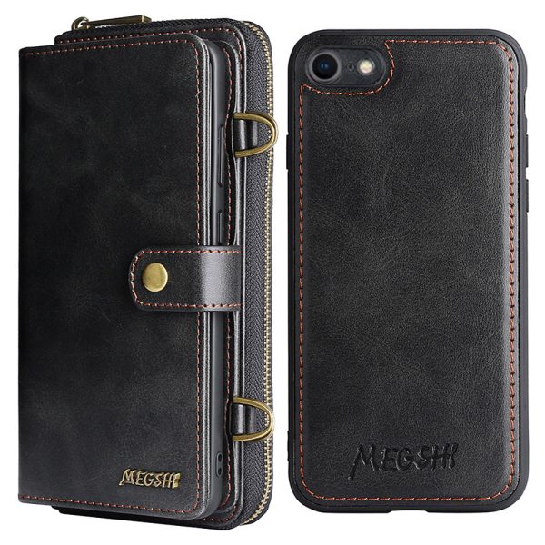 MEGSHI 020 Series Detachable 2-in-1 Scratch-resistant Magnetic Design Shockproof PU Leather and TPU Wallet Cover Shoulder Bag for iPhone SE (2022) SE (2020) 8 7 Online Hot Sale