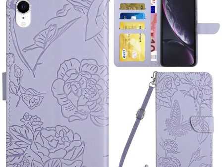 For iPhone XR 6.1 inch Stand Phone Case PU Leather Imprinting Butterflies Flower Pattern Wallet Shell with Shoulder Strap For Sale