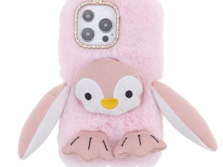 Cute Plush Cartoon Penguin Funny TPU Shell Warm Furry Shockproof Protective Cover with Bling Crystal Rhinestone Bow Knot for iPhone 13 Pro 6.1 inch Supply